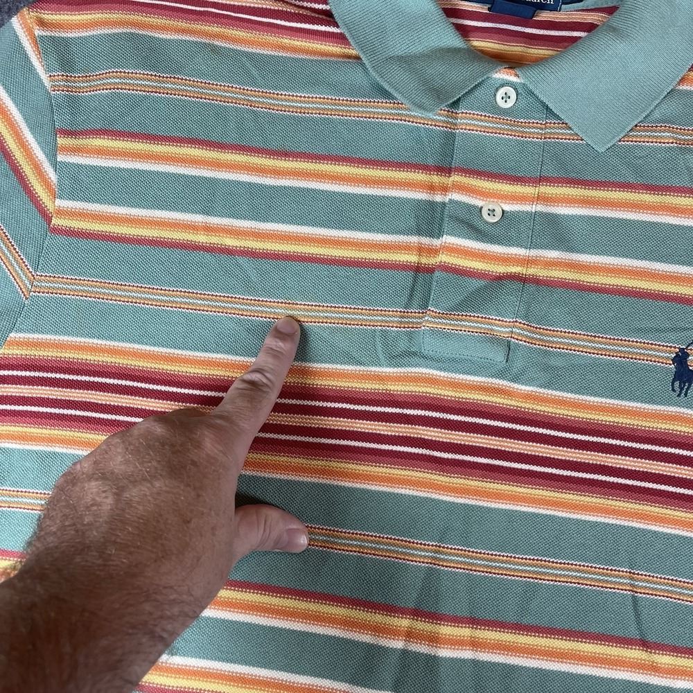VTG Polo Ralph Lauren Striped Shirt Mens XL Green Orange Sunset Cotton Slit Hem - Picture 4 of 7